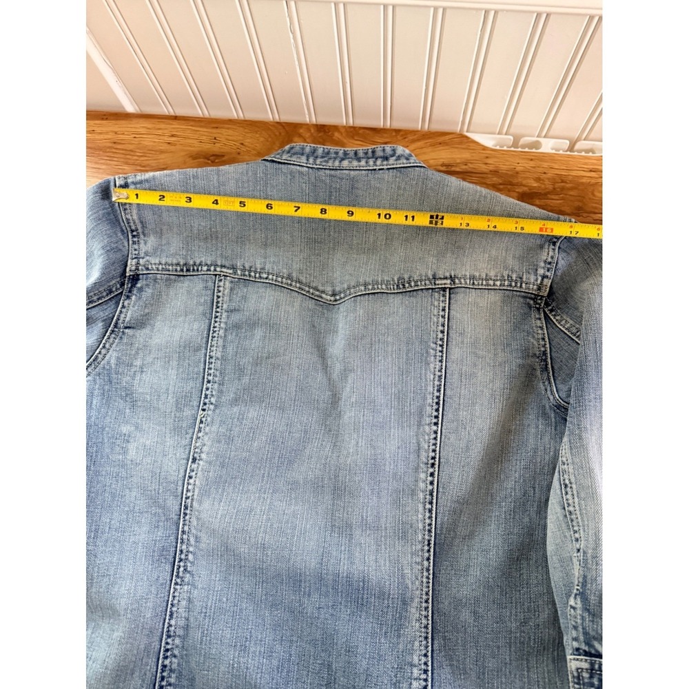 Chico's Platinum Ruffle Denim Jacket Rhinestone Light Wash Size 2 Large - Picture 14 of 16